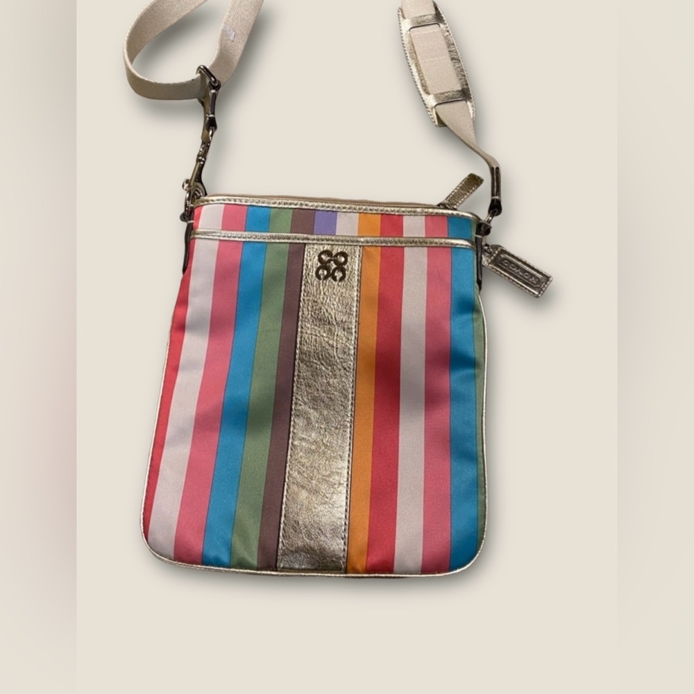 Coach Legacy Stripe Crossbody Bag Satin Canvas & Gold Leather-great condition